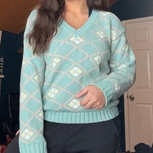 V-Neck Argyle Sweater - Light Blue